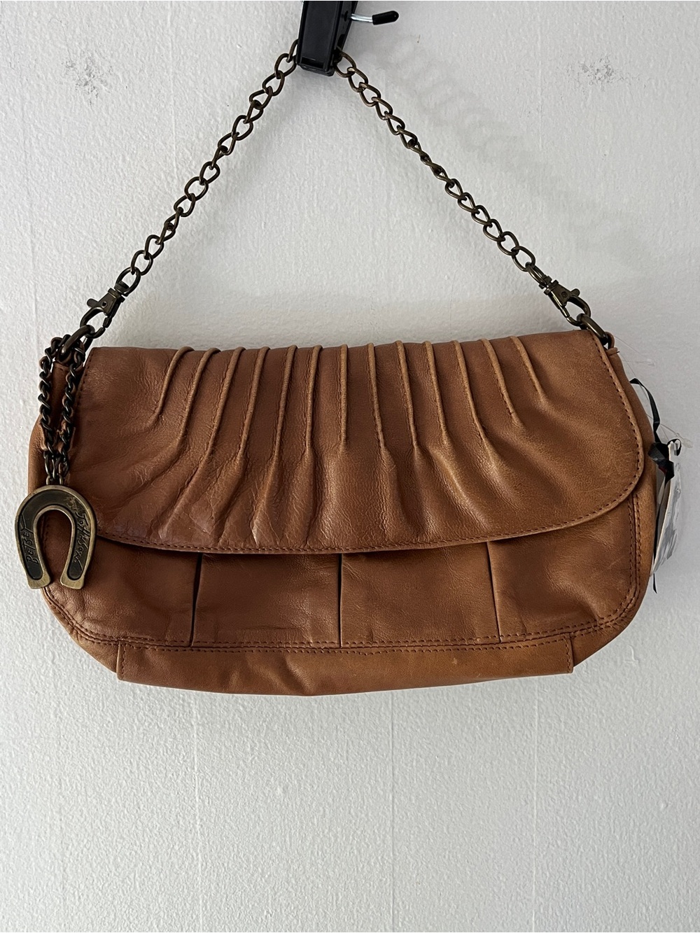 Vintage Betsey Johnson Brown Leather Pleated Shoulder Bag with Chain Strap